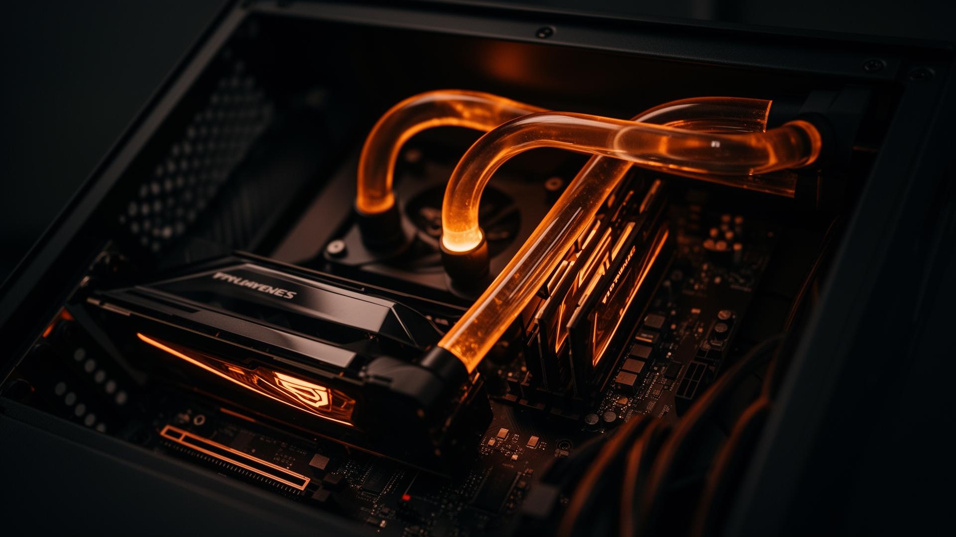 Custom watercooled workstation build met amber RGB verlichting